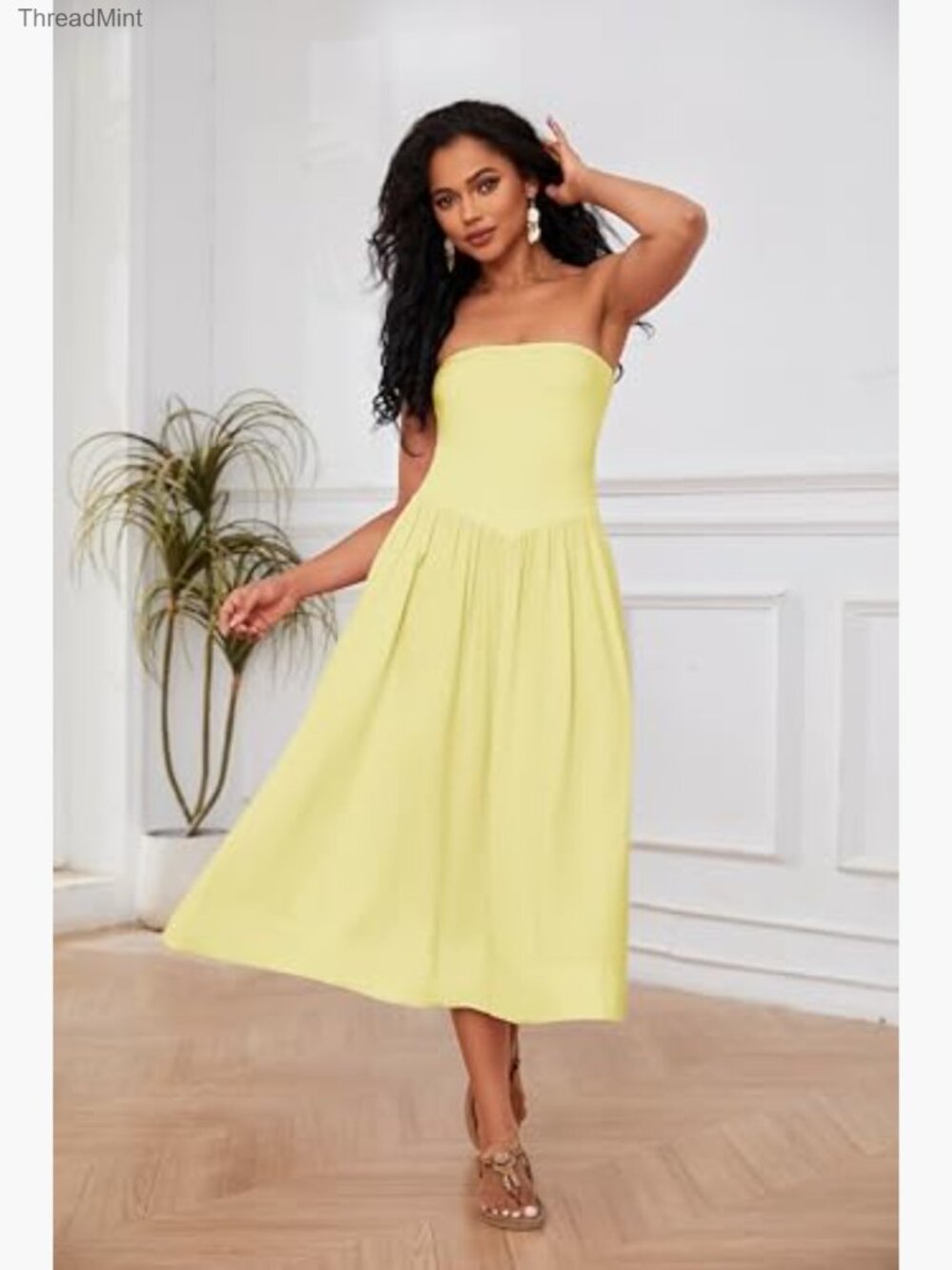 Off Shoulder Midi Dress Strapless Sleeveless Drop Waist A Line Tube - Picture 5 of 6